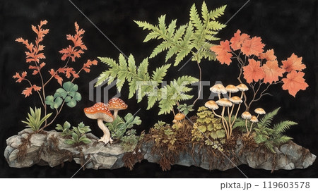 Botanical illustration with plants and mushrooms 119603578