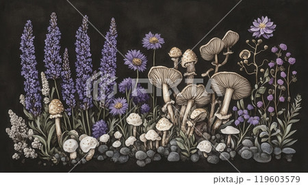 Botanical illustration with plants and mushrooms 119603579