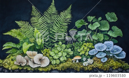 Botanical illustration with plants and mushrooms 119603580