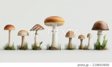 Detailed botanical drawing showcasing Amanita muscaria and and other mushrooms Detailed botanical drawing showcasing Amanita muscaria and and other mushrooms 119603600