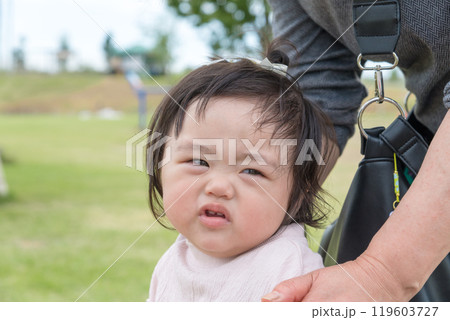 【大きな公園でばぁばぁと一緒の乳幼児】 【大きな公園でばぁばぁと一緒の乳幼児】 119603727
