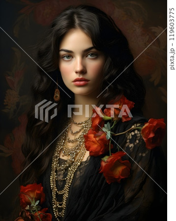 A captivating woman dressed in an elegant floral gown, wearing intricate gold jewelry. Her soft, serene gaze and flowing dark hair create a timeless, classic portrait. A captivating woman dressed in an elegant floral gown, wearing intricate gold jewelry. Her soft, serene gaze and flowing dark hair create a timeless, classic portrait. 119603775