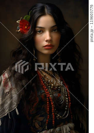 A captivating woman dressed in an elegant floral gown, wearing intricate gold jewelry. Her soft, serene gaze and flowing dark hair create a timeless, classic portrait. A captivating woman dressed in an elegant floral gown, wearing intricate gold jewelry. Her soft, serene gaze and flowing dark hair create a timeless, classic portrait. 119603776