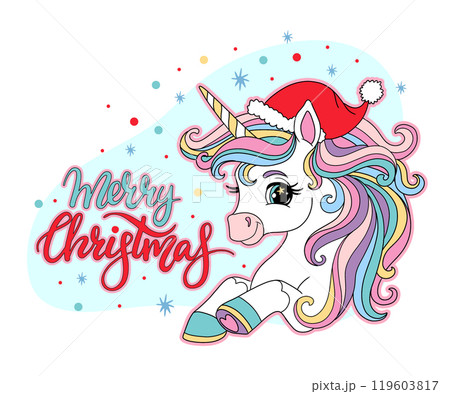 Christmas Unicorn and lettering merry Christmas vector card Christmas Unicorn and lettering merry Christmas vector card 119603817