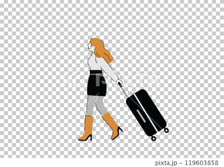 A wavy-haired woman pulling a suitcase 119603858