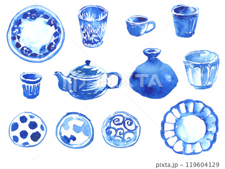 水墨画風の様々な磁器や陶器のイラストセットのイラスト素材