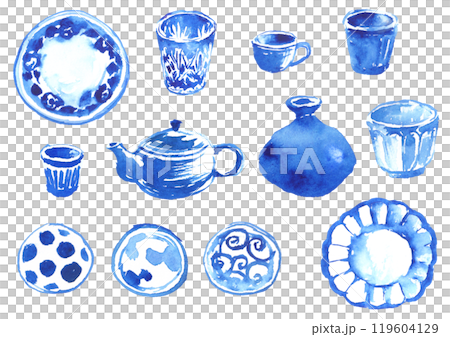 水墨風格的各種瓷器和陶器插圖集 119604129