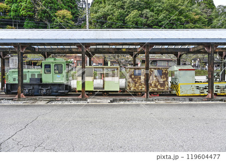 旧奥飛騨温泉口駅前に展示されている電気機関車とディーゼル機関車 119604477