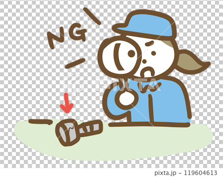 目視検査で不良品を発見する作業服の女性(上半身) 119604613