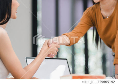 Smiling female executive makes a successful deal with a partner, shaking hands while standing at meeting table 119605192