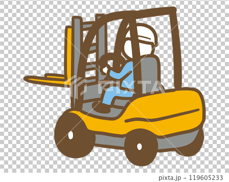 A man in work clothes driving a forklift from behind 119605233
