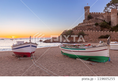 Boats at Tossa de Mar Beach with Castle at Sunrise, Spain 119605255