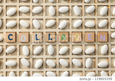 The inscription collagen on small wooden cubes The inscription collagen on small wooden cubes 119605299