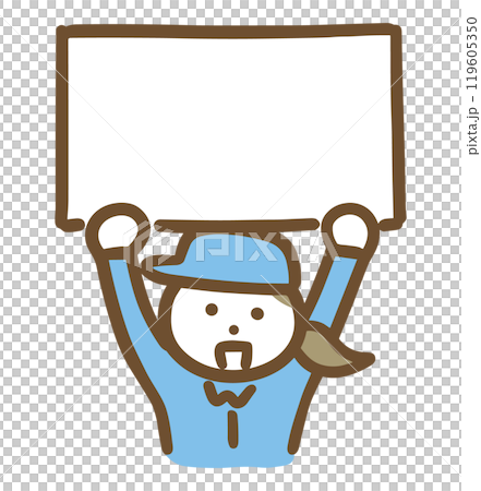 A woman in work clothes presenting a white panel 119605350