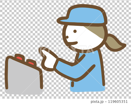 A woman in work clothes pressing a machine button (upper body) 119605351