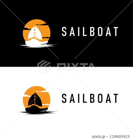 Simple fishing boat sailboat logo simple design black silhouette ship marine illustration template 119605423
