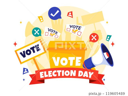Election Day Political Vector Illustration featuring Voters Casting Ballots at a Polling Station with Global Representation in a Flat Background 119605489