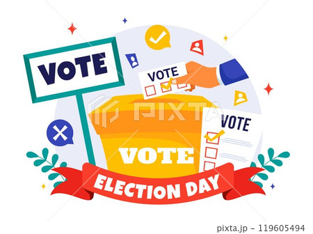 Election Day Political Vector Illustration featuring Voters Casting Ballots at a Polling Station with Global Representation in a Flat Background 119605494