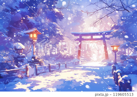 雪が積もった神社入り口 119605513