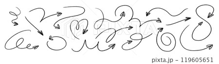Doodle emphasis arrow icon. Design quirky twist zigzag line, spring coil, curve wave. Flat vector illustration isolated on white background. 119605651
