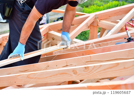 大工さんなどの職人によって作り上げられる木造軸組工法の木造2階建ての家 119605687