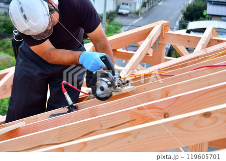 大工さんなどの職人によって作り上げられる木造軸組工法の木造2階建ての家 119605701