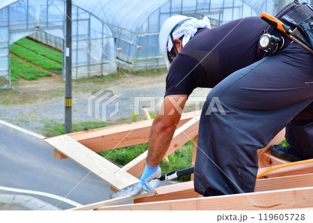 大工さんなどの職人によって作り上げられる木造軸組工法の木造2階建ての家 大工さんなどの職人によって作り上げられる木造軸組工法の木造2階建ての家 119605728