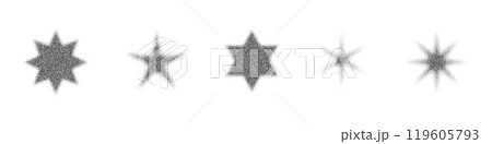 Halftone star with dot gradient and burst effect. Grainy noise pattern creates abstract figure. Flat vector illustration isolated on white background. 119605793