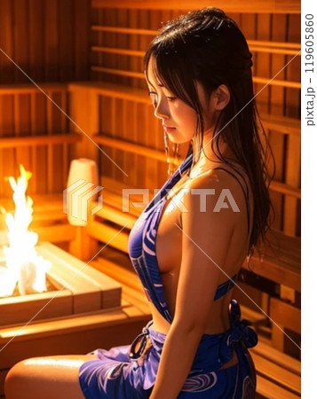 サウナでくつろぐ若い女性 119605860