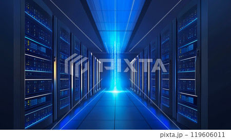青い光に包まれるデーターセンターのサーバーイメージ 119606011