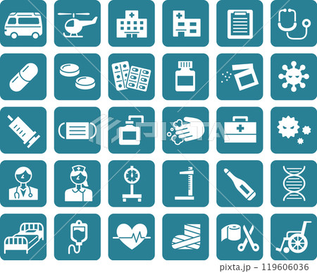 病院・薬など医療関係アイコンのイラストセット(白抜きボタン) 119606036