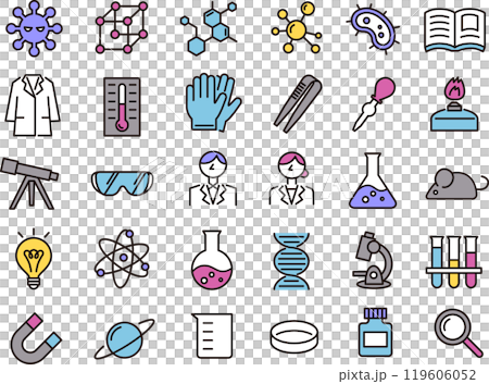 科學、研究和實驗圖標的插圖集（彩色線圖） 119606052