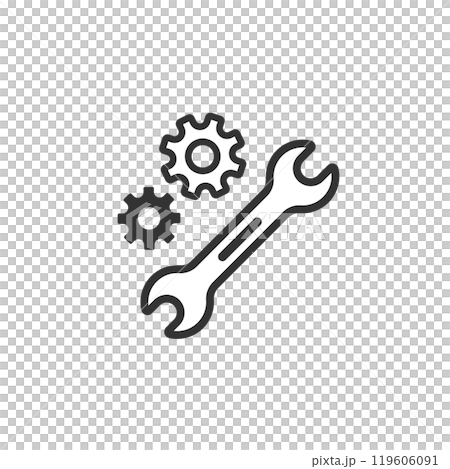 Spanner and gear icon (line drawing, black and white) 119606091