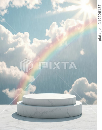 Cloud podium bathed in sunlight after rain, with a vibrant rainbow stretching across the sky. Cloud podium bathed in sunlight after rain, with a vibrant rainbow stretching across the sky. 119606187