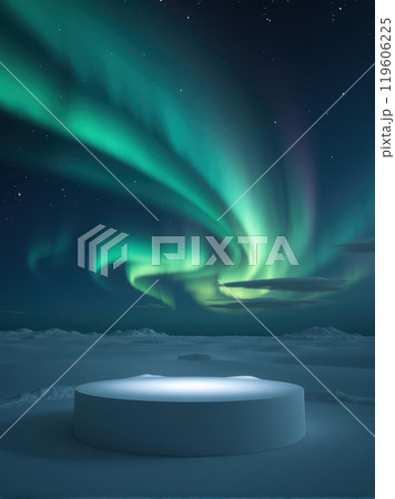 Cloud podium beneath the mesmerizing northern lights, perfect for magical product displays Cloud podium beneath the mesmerizing northern lights, perfect for magical product displays 119606225