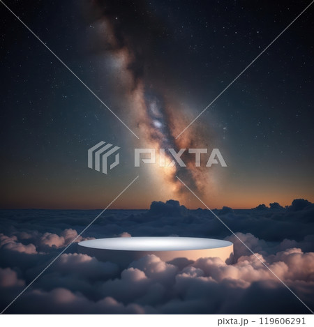 Cloud podium set beneath the Milky Way in a calm, starry night, perfect for dreamy product displays Cloud podium set beneath the Milky Way in a calm, starry night, perfect for dreamy product displays 119606291