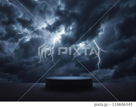 An intense cloud podium in a stormy sky lit by lightning strikes, ready for bold product displays An intense cloud podium in a stormy sky lit by lightning strikes, ready for bold product displays 119606345