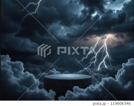 An intense cloud podium in a stormy sky lit by lightning strikes, ready for bold product displays 119606346