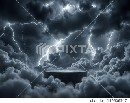 An intense cloud podium in a stormy sky lit by lightning strikes, ready for bold product displays An intense cloud podium in a stormy sky lit by lightning strikes, ready for bold product displays 119606347