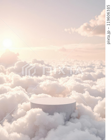 A cloud podium in a dreamy sky, perfect for serene product displays. A cloud podium in a dreamy sky, perfect for serene product displays. 119606385