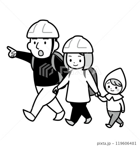 避難する親子のモノクロイラスト 119606481
