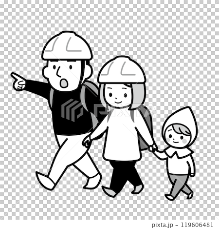 避難する親子のモノクロイラスト 119606481