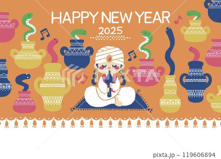 2025年巳年のへび使いの年賀状イラスト 119606894