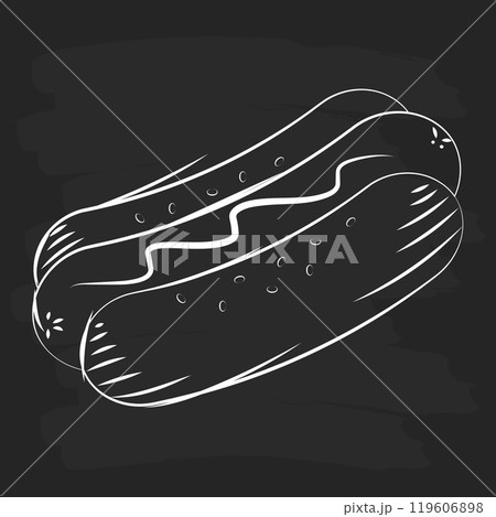 Hand-drawn hot dog with bun and mustard sketch Vector Hand-drawn hot dog with bun and mustard sketch Vector 119606898