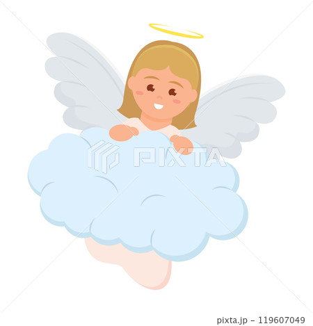 Cute angel with halo flying among clouds Vector Cute angel with halo flying among clouds Vector 119607049