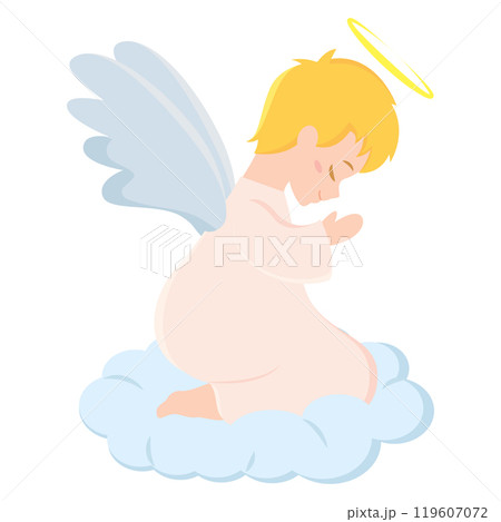 Cute angel with halo flying among clouds Vector 119607072