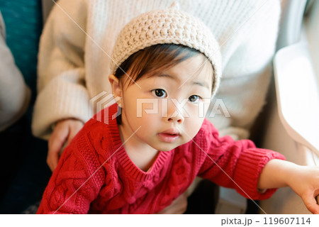 公共交通機関で移動中の赤ちゃん　旅行　旅育 119607114