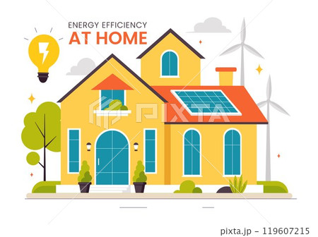 Energy Efficient at Home Vector Illustration of Smart House Technology System with Centralized Control in a Flat Style Cartoon Background Energy Efficient at Home Vector Illustration of Smart House Technology System with Centralized Control in a Flat Style Cartoon Background 119607215