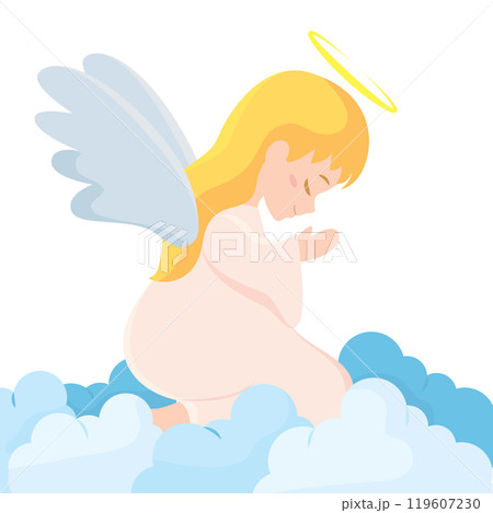 Cute angel with halo flying among clouds Vector 119607230