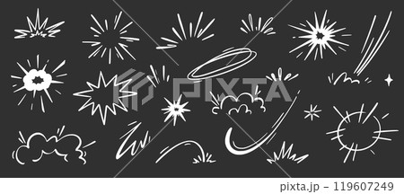 Comic cartoon boom speed effect, explosive motion line element set. Comic boom burst, explosive smoke, line speed cartoon chalkboard. Hand drawn sketch doodle action effect. Vector 119607249